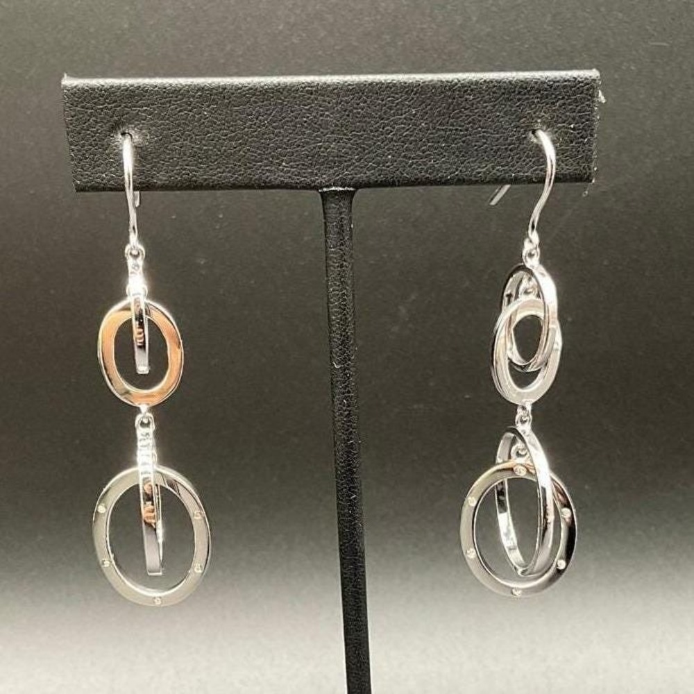 Sterling Silver Diamond Chip Interlocking Circle Dangle Earrings Drop 925